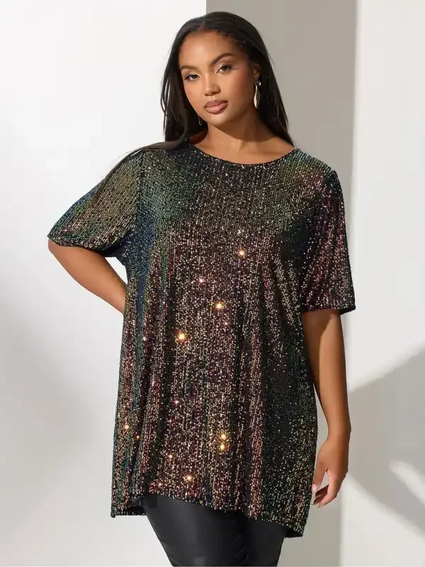Yours Curve Black London Multi Sequin T-Shirt