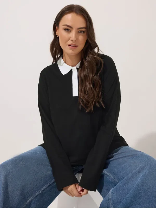 Yours Curve Black Long Sleeve Collar Rugby Top