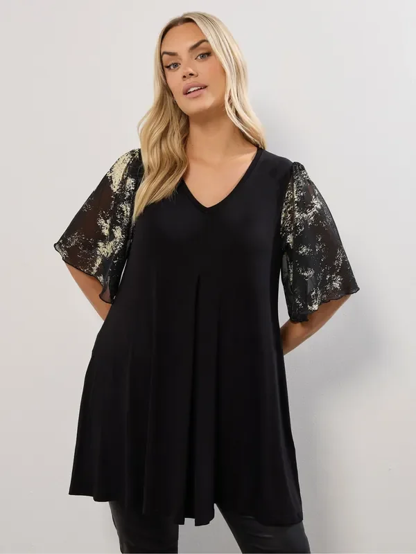 Yours Curve Black Mesh Foil Sleeve Tunic
