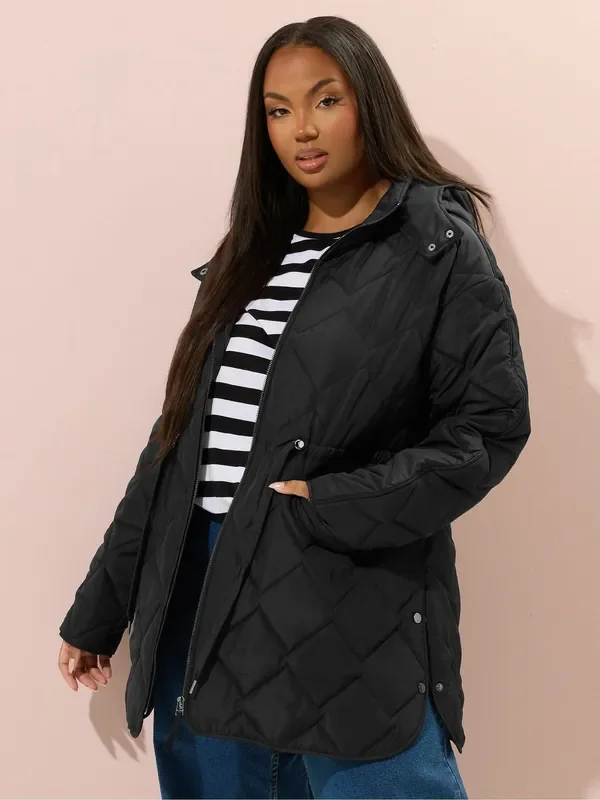 Yours Curve Black Midi Quilted Padded Jacket