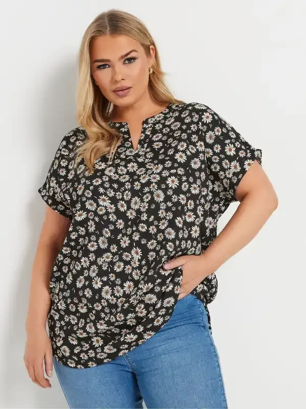 Yours Curve Black Notch Neck Texture T-Shirt