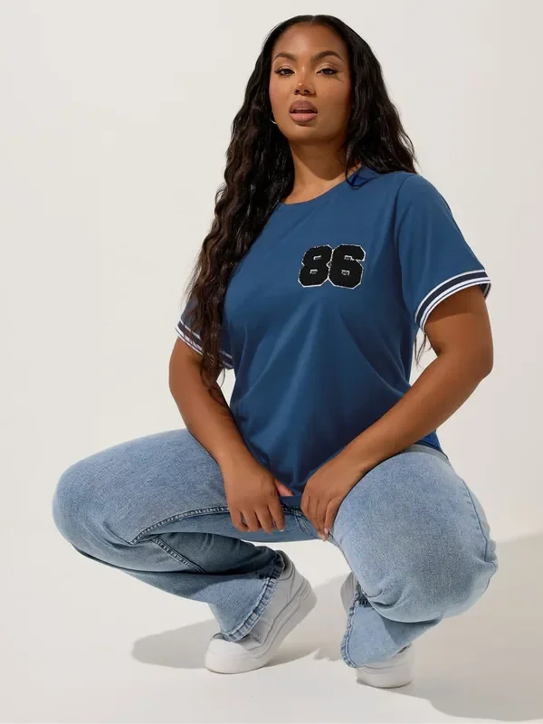 Yours Curve Blue 86 Varsity Trim T-Shirt