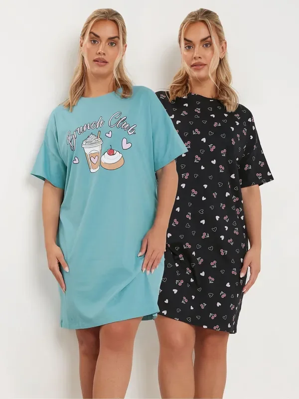Yours Curve Blue Brunch Club Sleep 100% Cotton T-Shirts 2 Pack