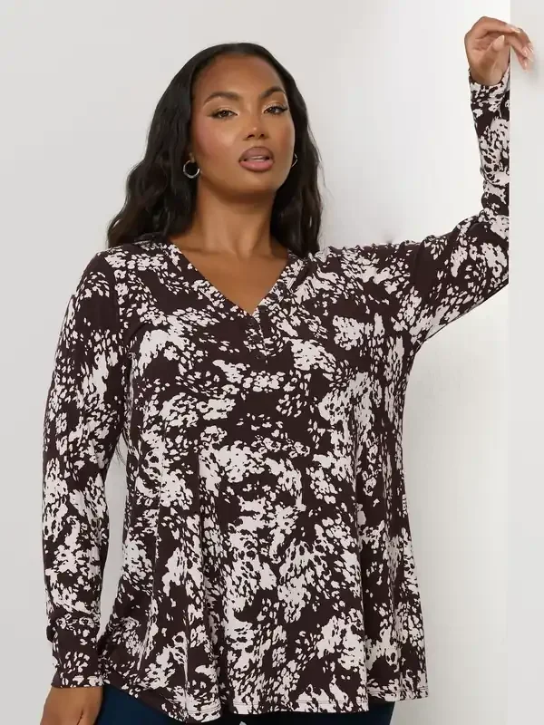 Yours Curve Brown Henley Ribbed Swing Top