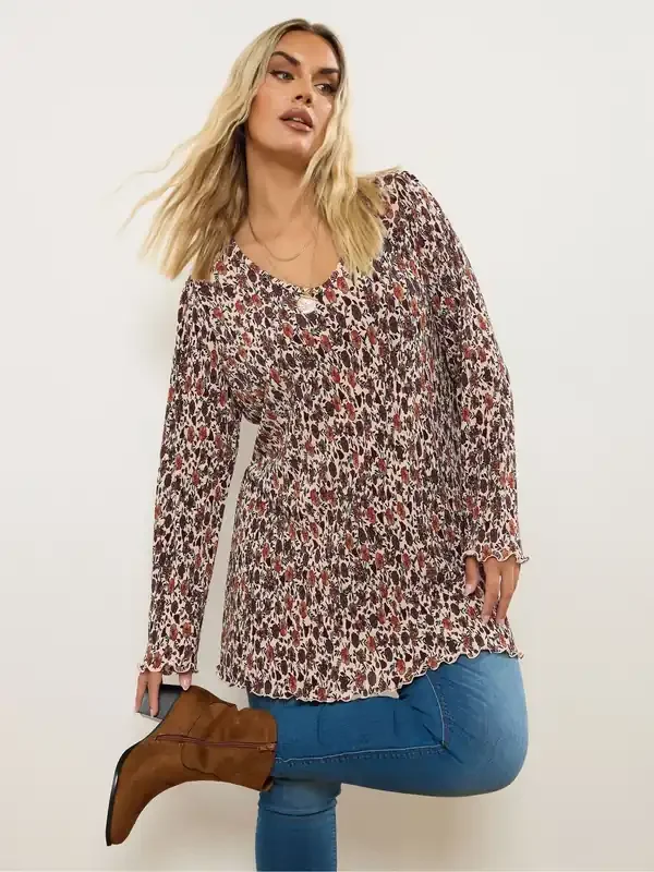 Yours Curve Brown Plisse Flute Tunic