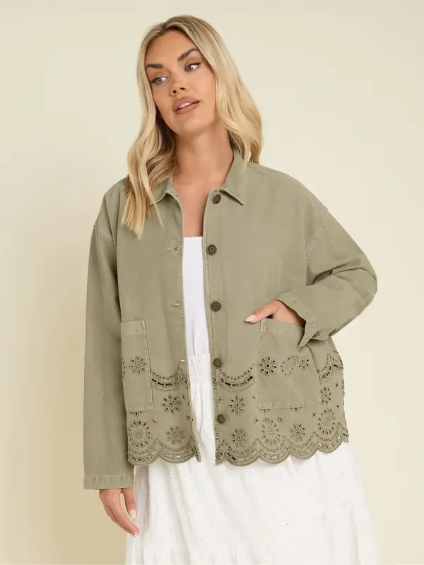 Yours Curve Green 100% Cotton Broider Twill Shacket