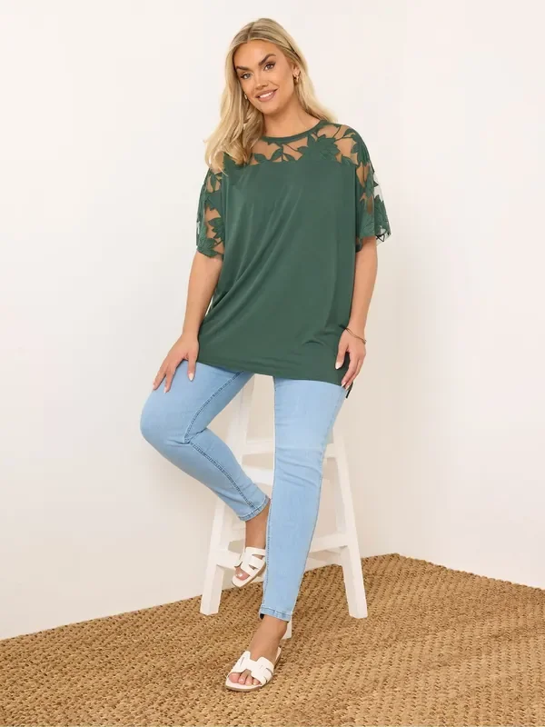 Yours Curve Green Boxy Burnout Panel T-Shirt
