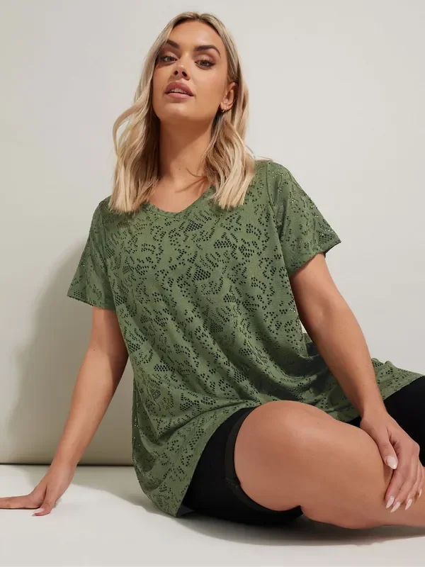 Yours Curve Green Broderie Anglaise Top