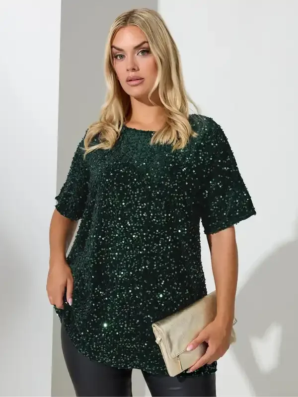 Yours Curve Green London Sequin Velvet Top
