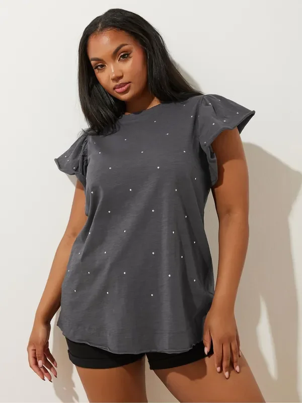 Yours Curve Grey 100% Cotton Frilled Sleeve Studded T-Shirt