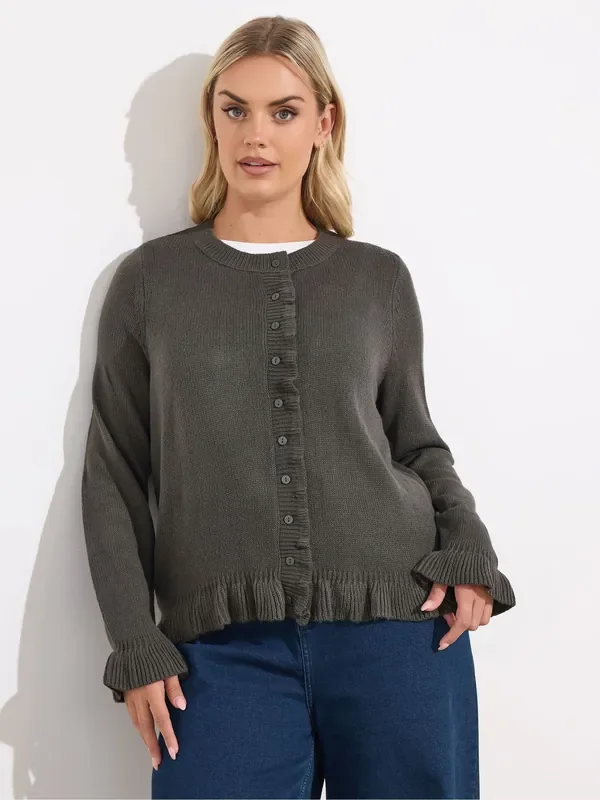 Yours Curve Grey Frilled Edge Cardigan