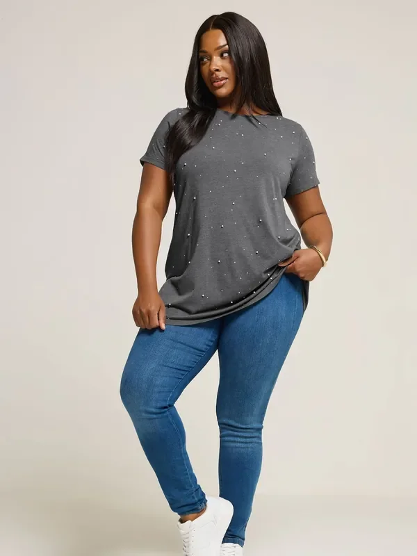 Yours Curve Grey Studded Pearl Detail Top