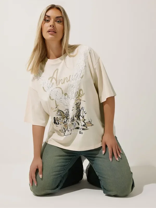 Yours Curve Natural Limited Western Acid Wash Lace T-Shirt