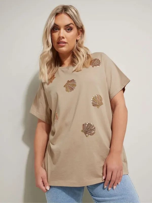 Yours Curve Natural Sequin 100% Cotton T-Shirt