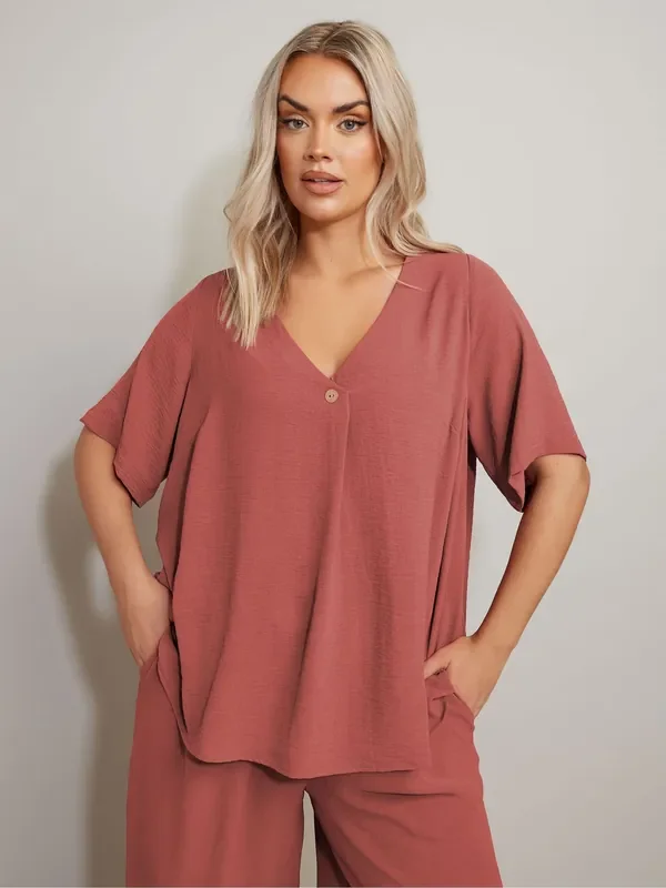 Yours Curve Orange Button Airflow T-Shirt