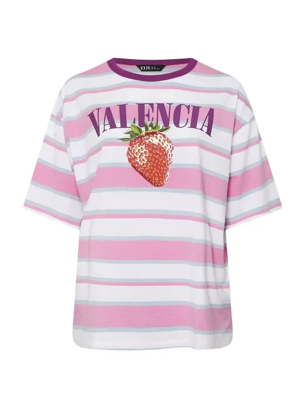 Yours Curve Pink Contrast Neck 100% Cotton Stripe Top