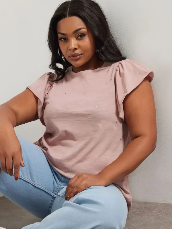 Yours Curve Pink Frill Sleeve Stud T-Shirt