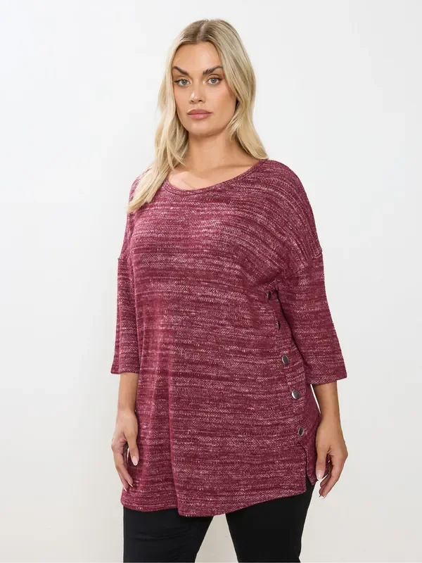 Yours Curve Red Side Button Ribbed Top