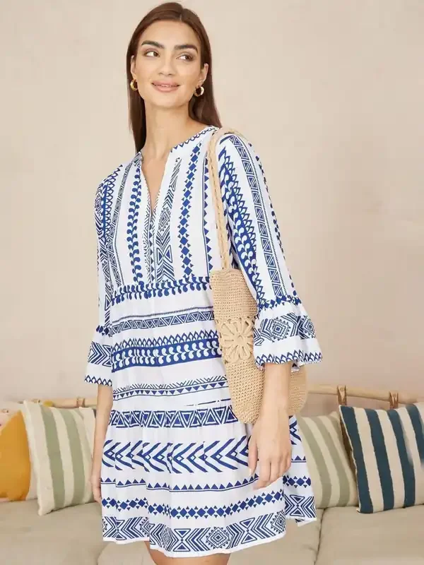 Yumi Blue Tencel Geo Stripe Print Beach Tunic