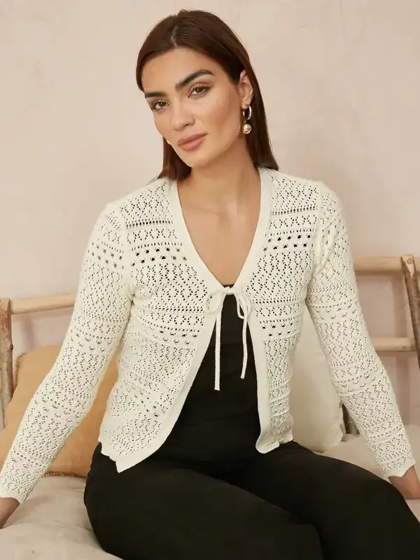 Yumi Cream Crochet Tie Front Cardigan