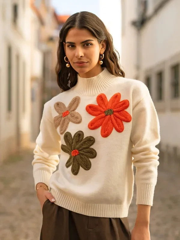 Yumi Cream Knitted Jumper With Appliqué Flower